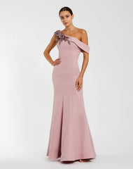 Pink One Shoulder Sleeveless Beaded Mermaid Gown