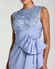 Blue Satin Beaded Embroidered Midi Dress With Bow
