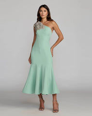 Green Crepe One Shoulder Midi Dress With Flower