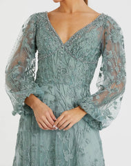 Green V-Neck Embroidered A-line Tea Length Dress