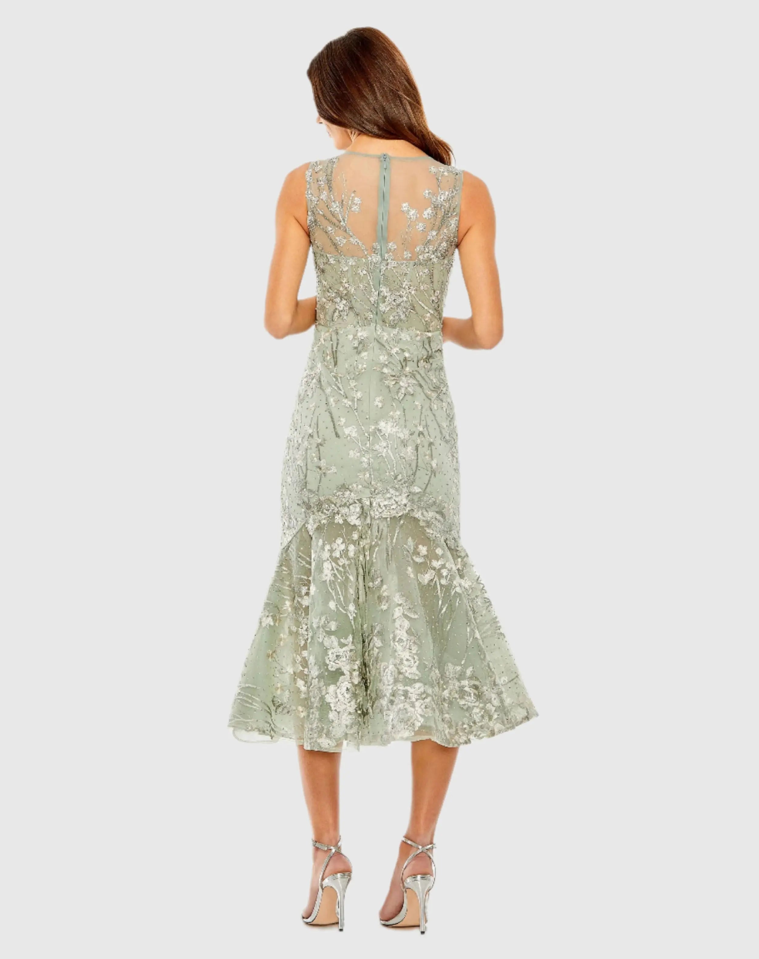 Green Sleeveless Embroidered Trumpet Midi Dress