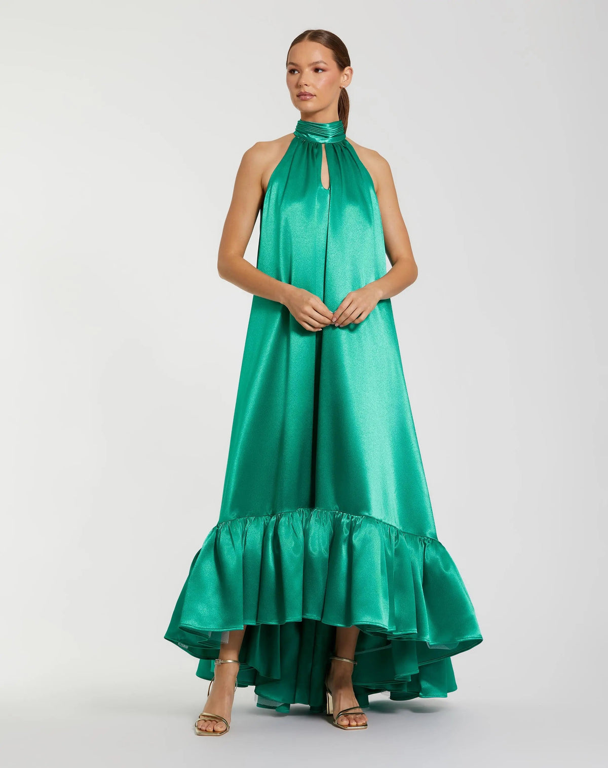 Green Sleeveless Halter Neck Keyhole Satin High Low Gown