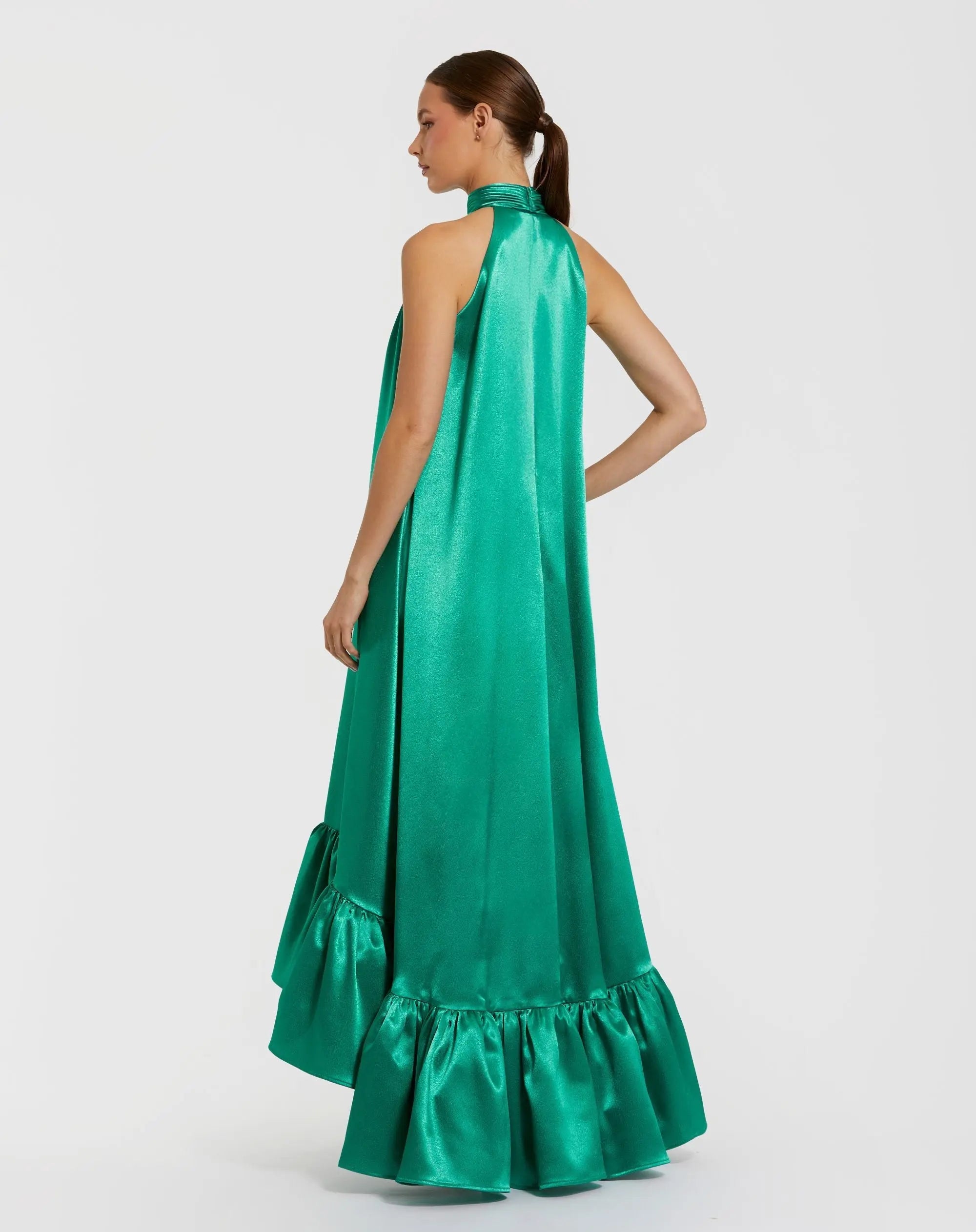 Green Sleeveless Halter Neck Keyhole Satin High Low Gown