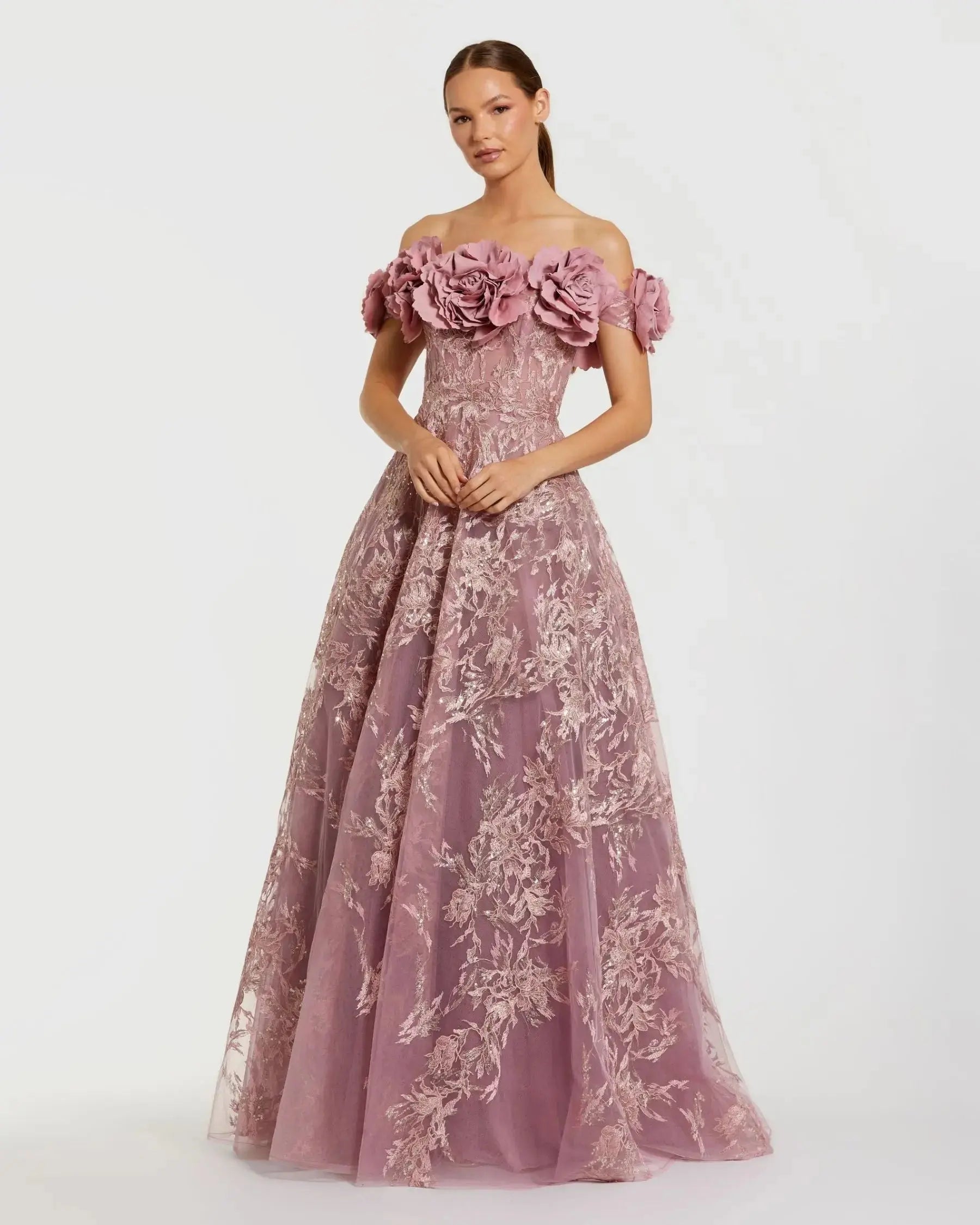 Purple Off The Shoulder 3D Floral Embroidered A-Line Gown