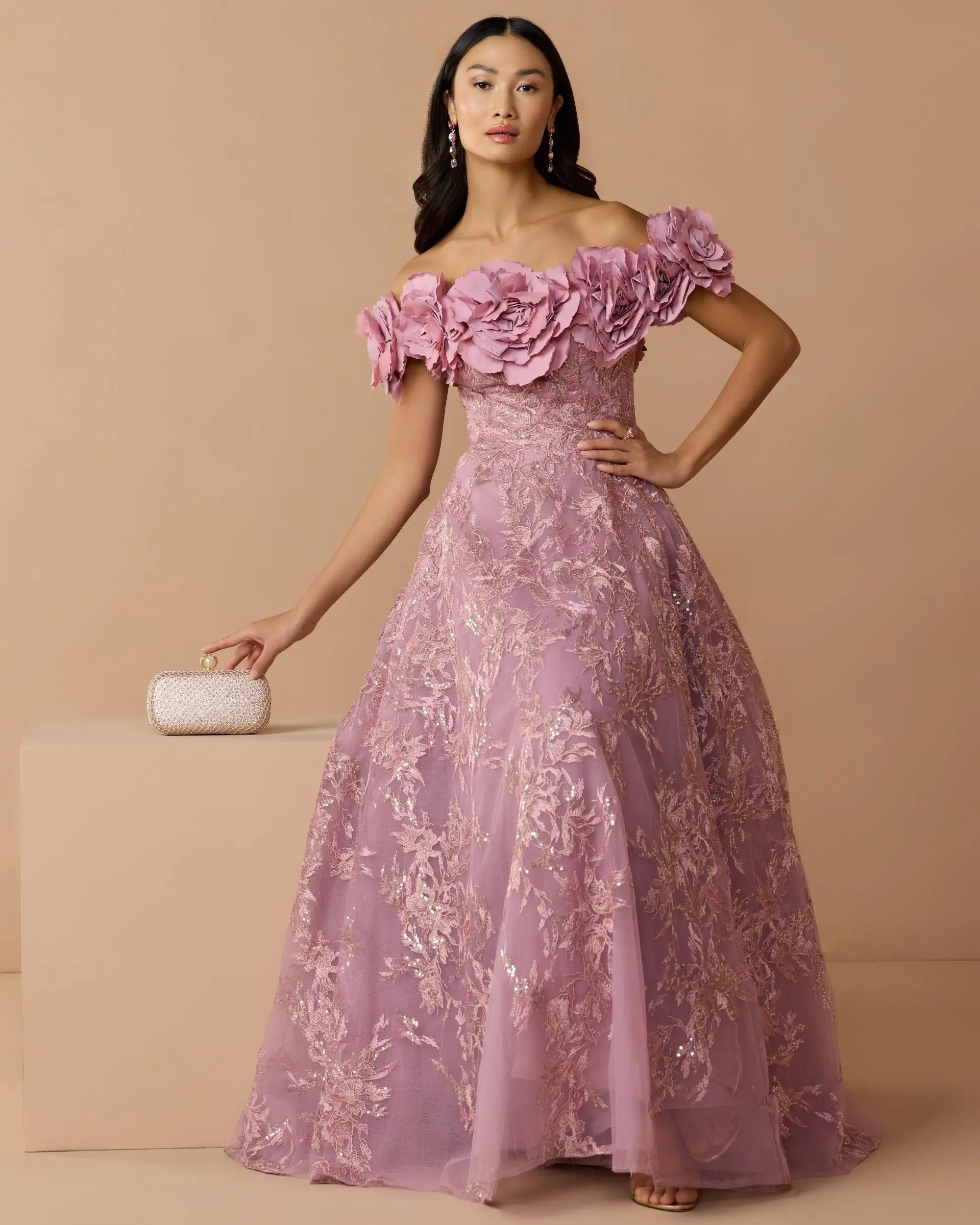 Purple Off The Shoulder 3D Floral Embroidered A-Line Gown