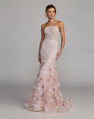 Pink Strapless Embellished Mermaid Gown With 3D Floral Hem