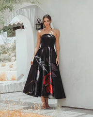 Black Satin Printed Strapless Midi Dress With Pockets