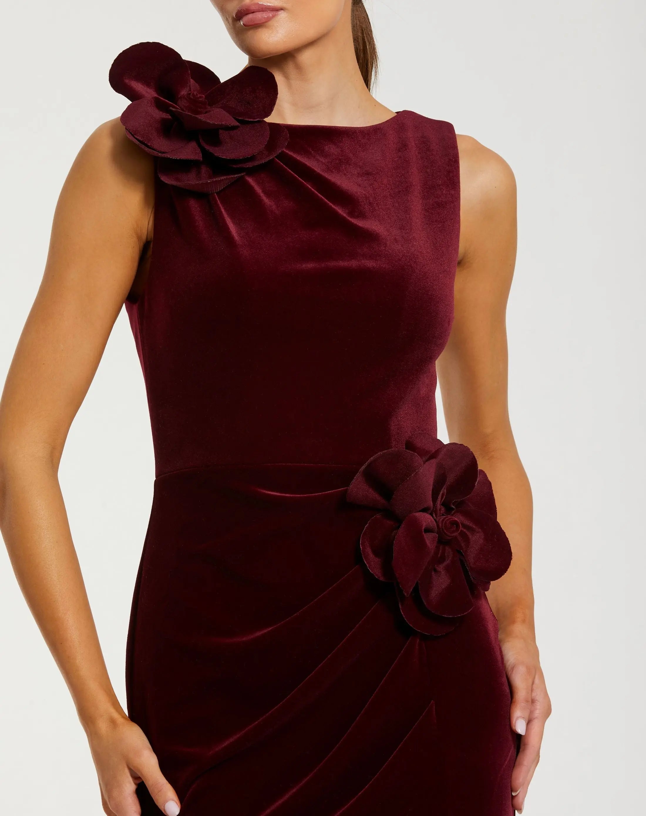 Red High Neck Velvet Column Gown With 3D Flowers