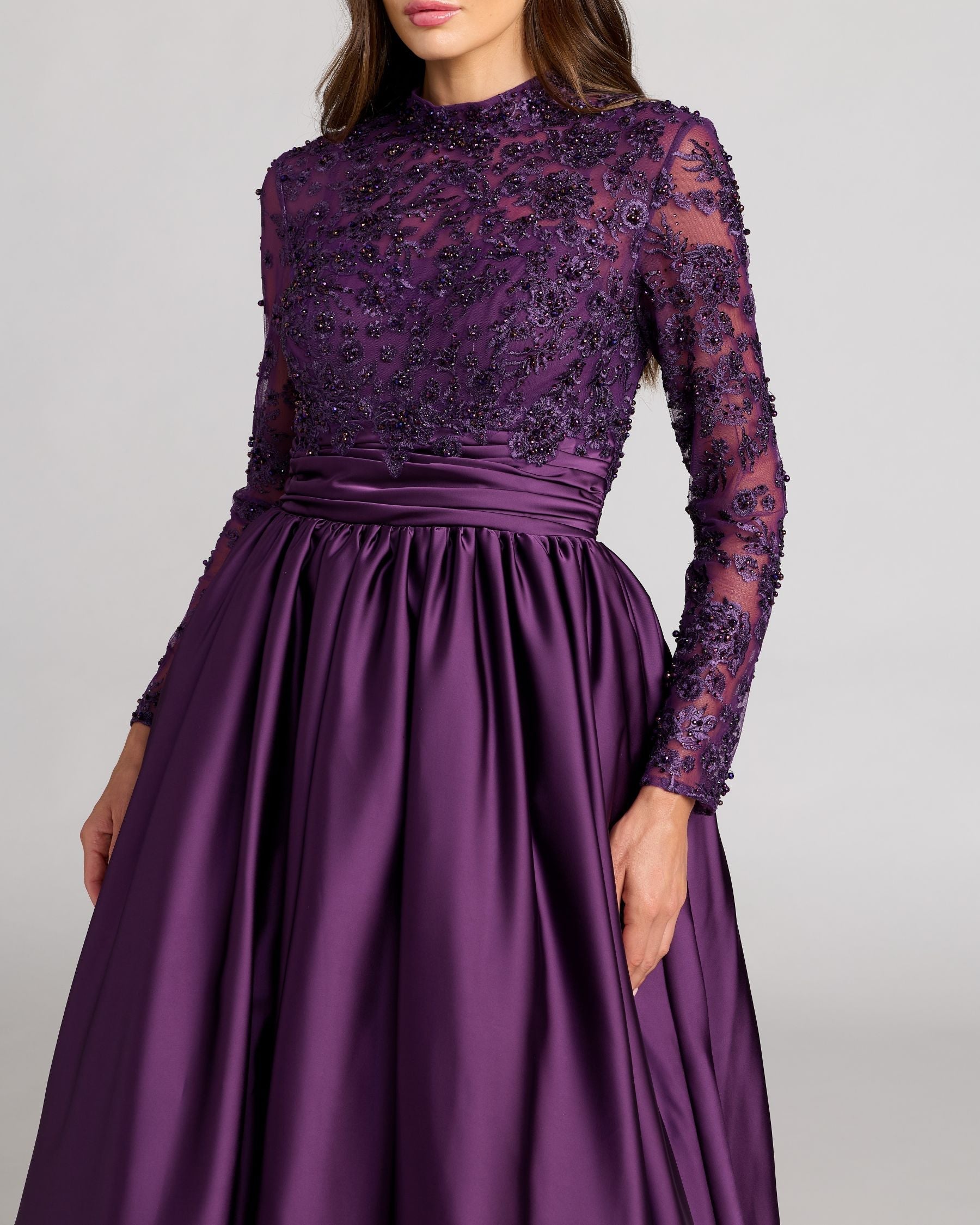 Purple Embroidered Long Sleeve Satin Ball Gown
