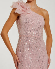 Pink One Shoulder Beaded Mermaid Gown With 3D Flower