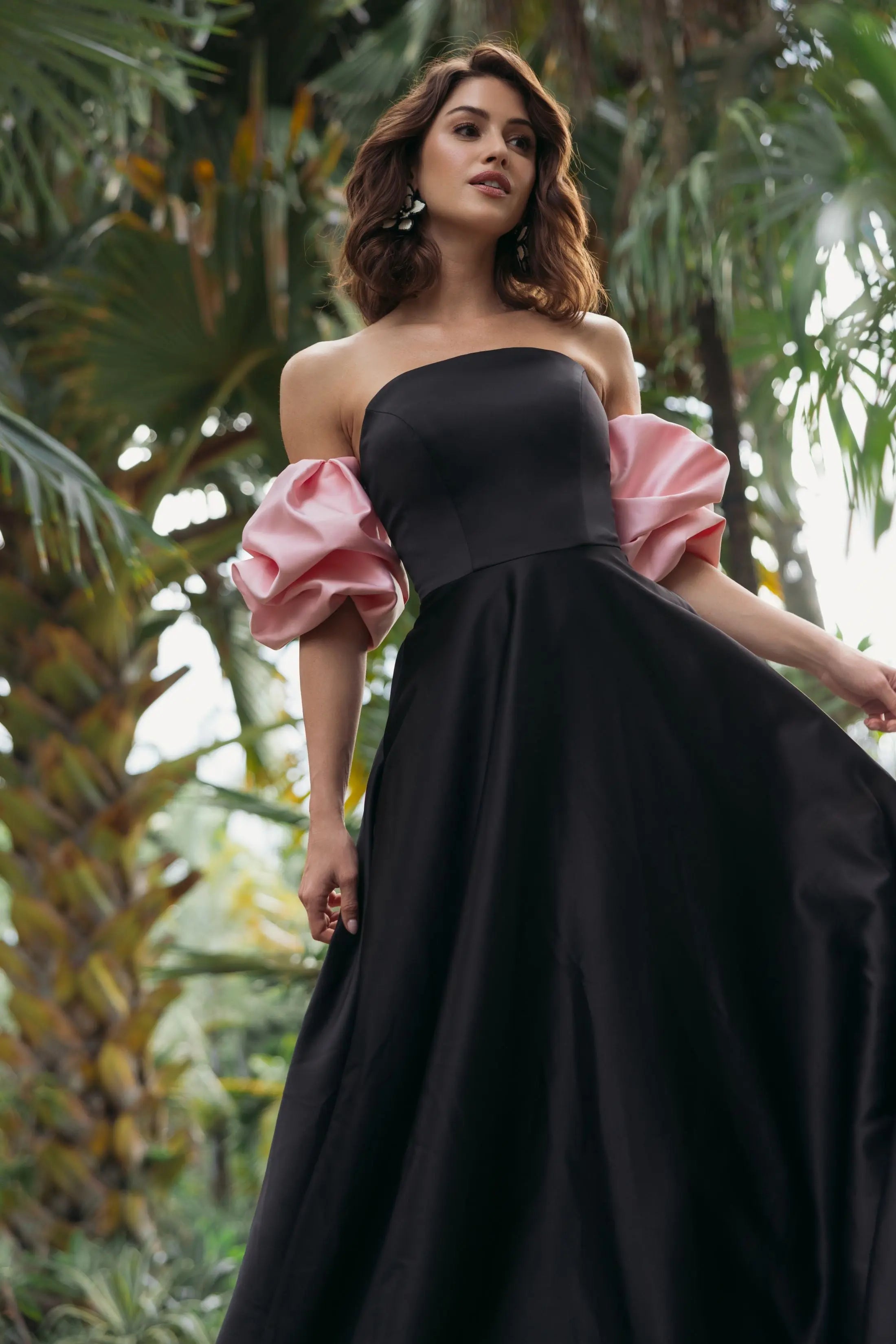 Black Satin Off The Shoulder Puff Sleeve Ball Gown