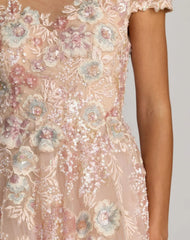 Pink Embroidered Tulle High Neck Cap Sleeve Dress