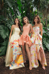 Pink Floral Strapless Bow High Slit Ball Gown