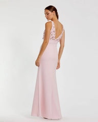 Pink Sleeveless Embellished Crepe Gown With Bow
