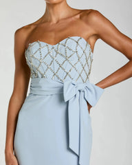 Blue Strapless Embellished Crepe Gown With Bow