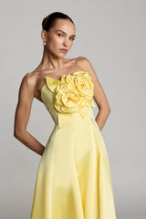 Yellow Strapless Satin High Low Gown With 3D Flowers