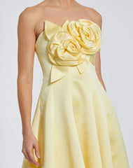 Yellow Strapless Satin High Low Gown With 3D Flowers