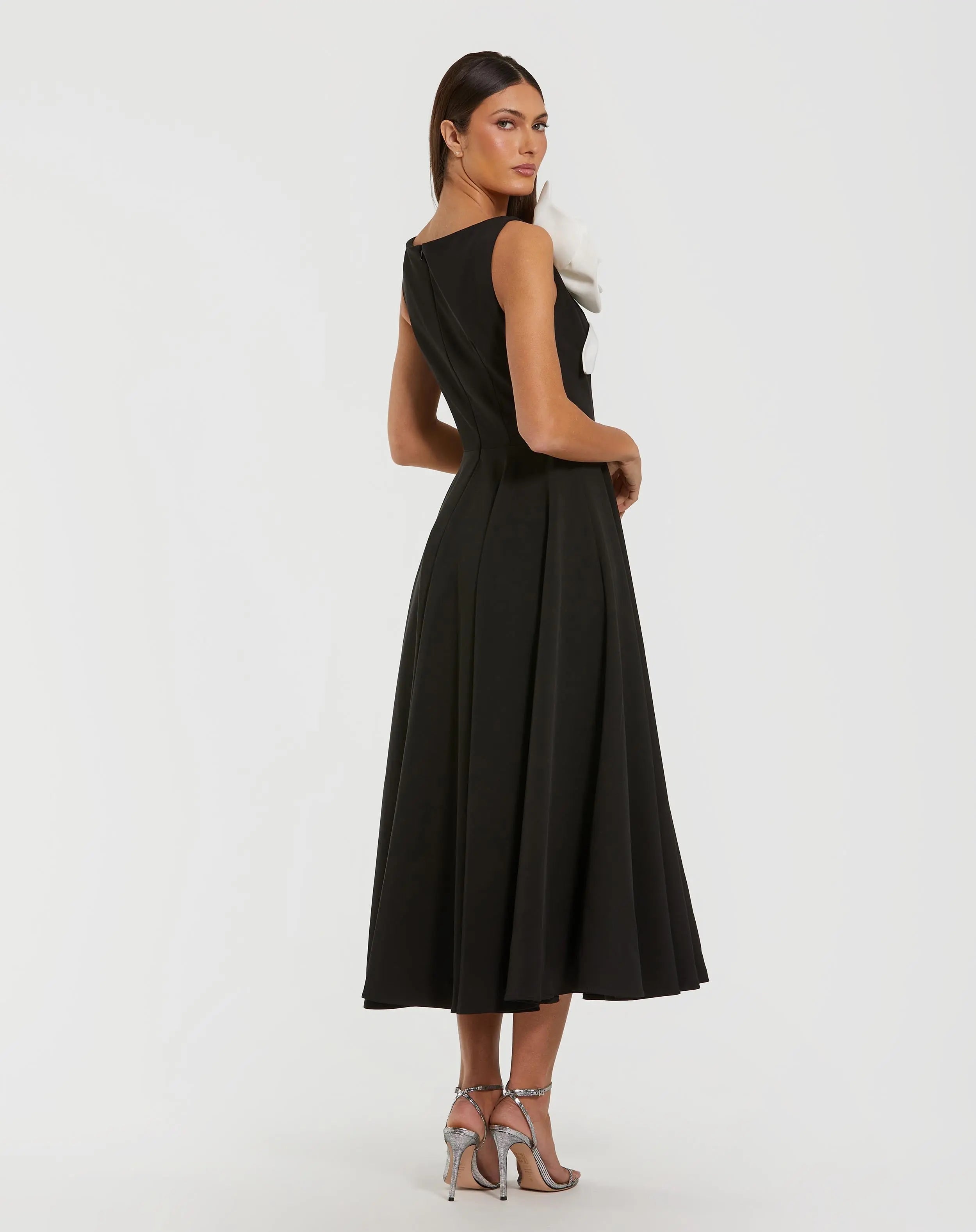 Black Crepe A Line Midi Dress with 3D Flower