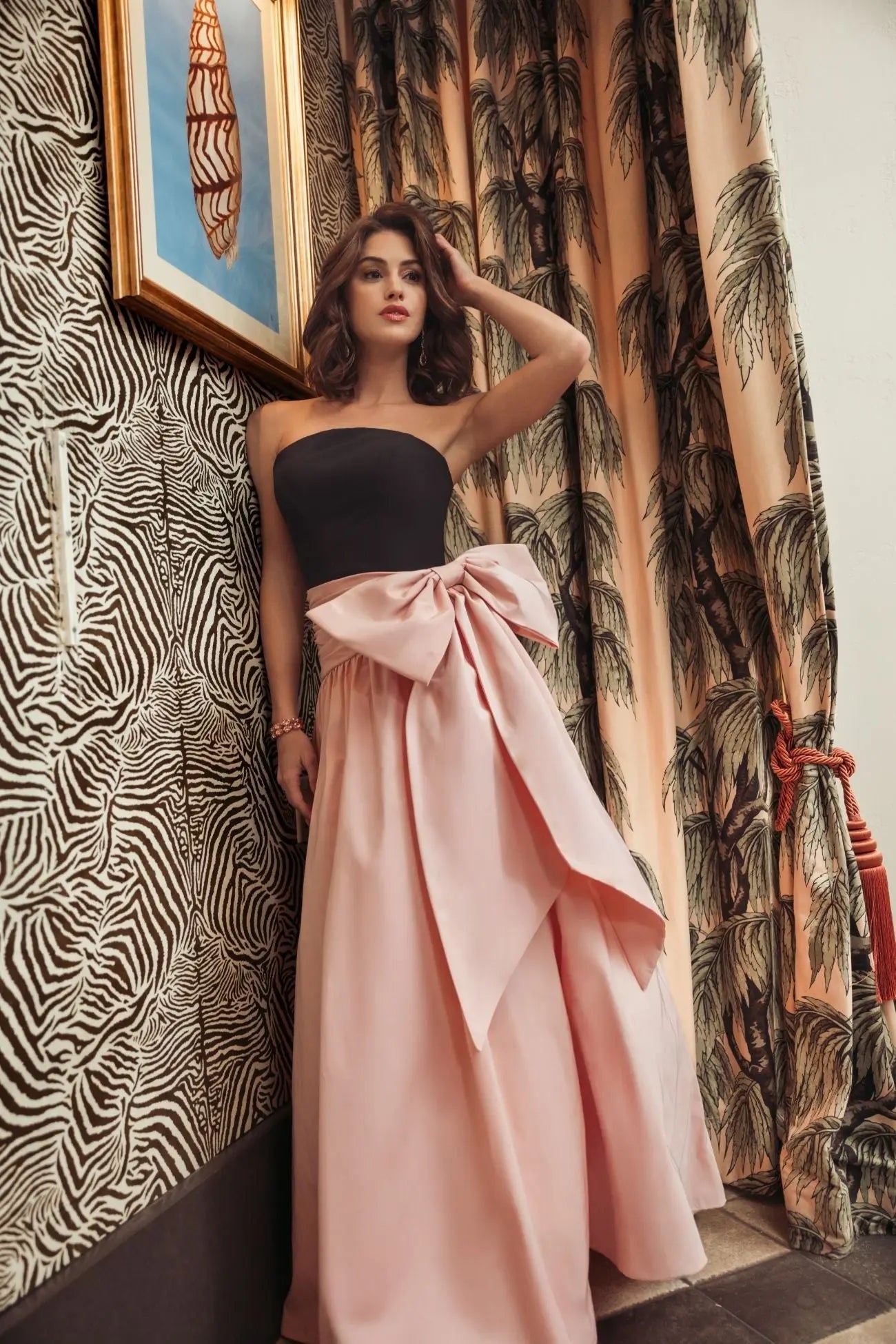 Black Pink Strapless Gown With Oversized Bow