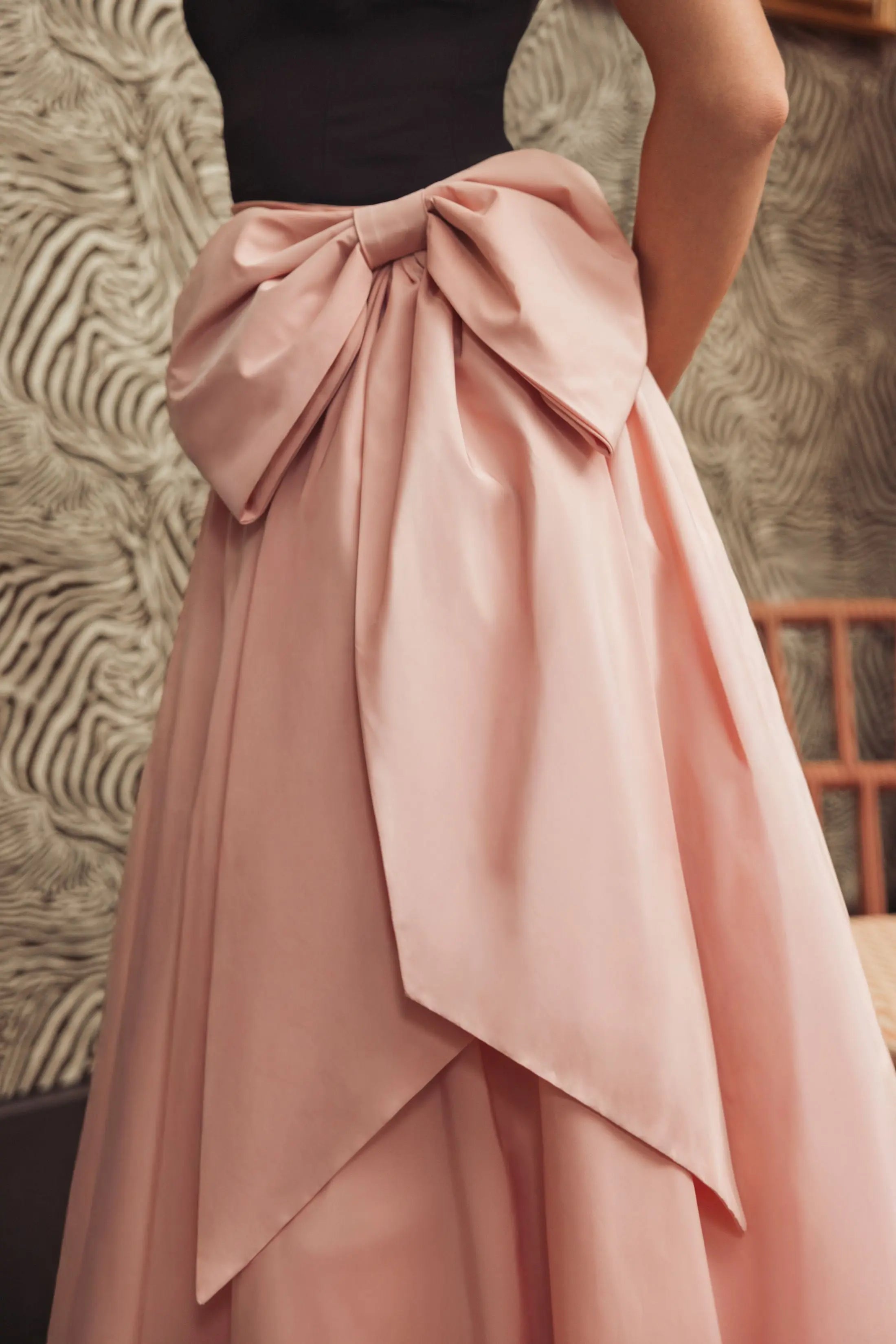 Black Pink Strapless Gown With Oversized Bow