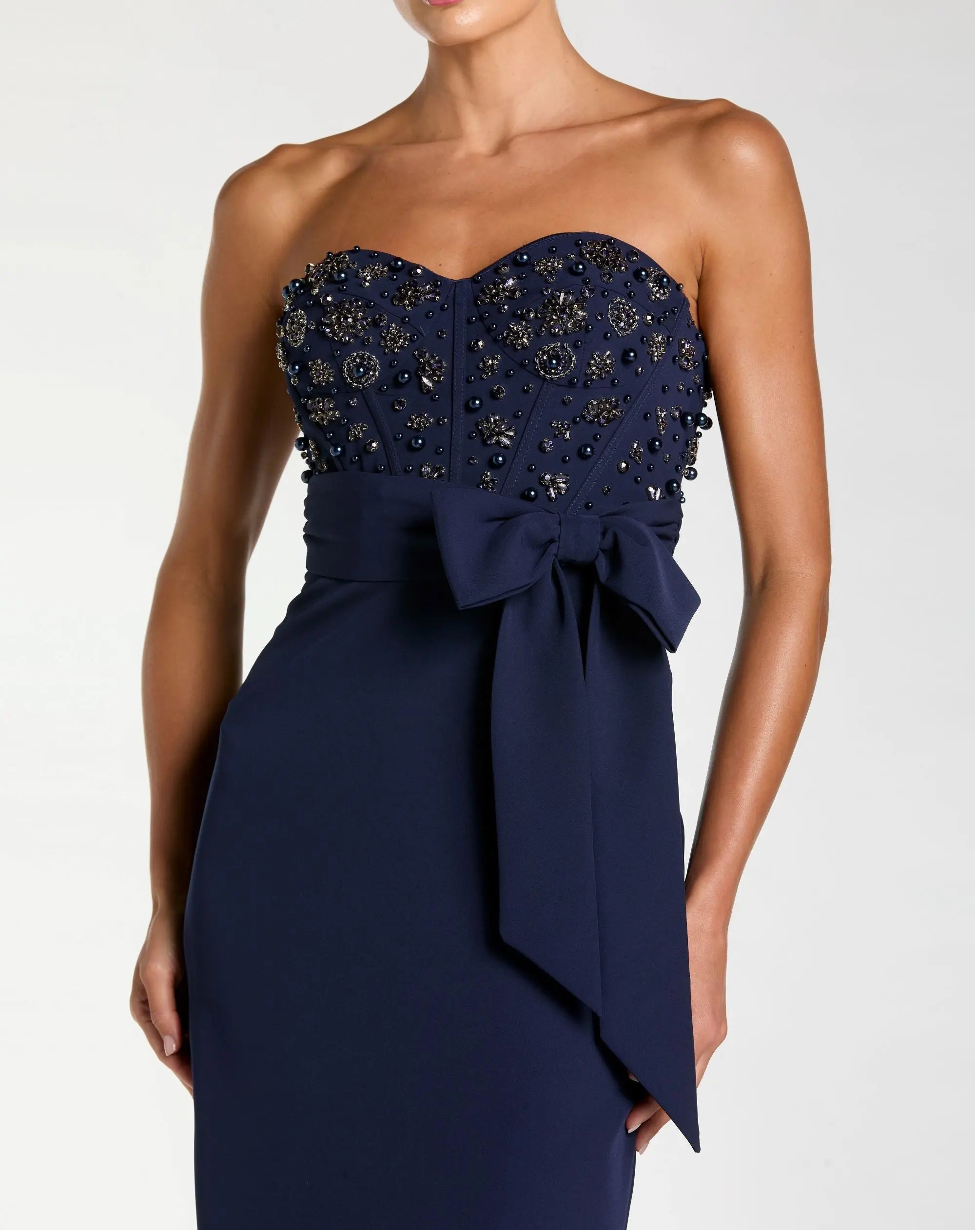 Navy Strapless Embellished Bustier Gown with Bow