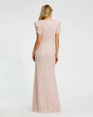 Pink Gathered Short Sleeve Embellished Gown