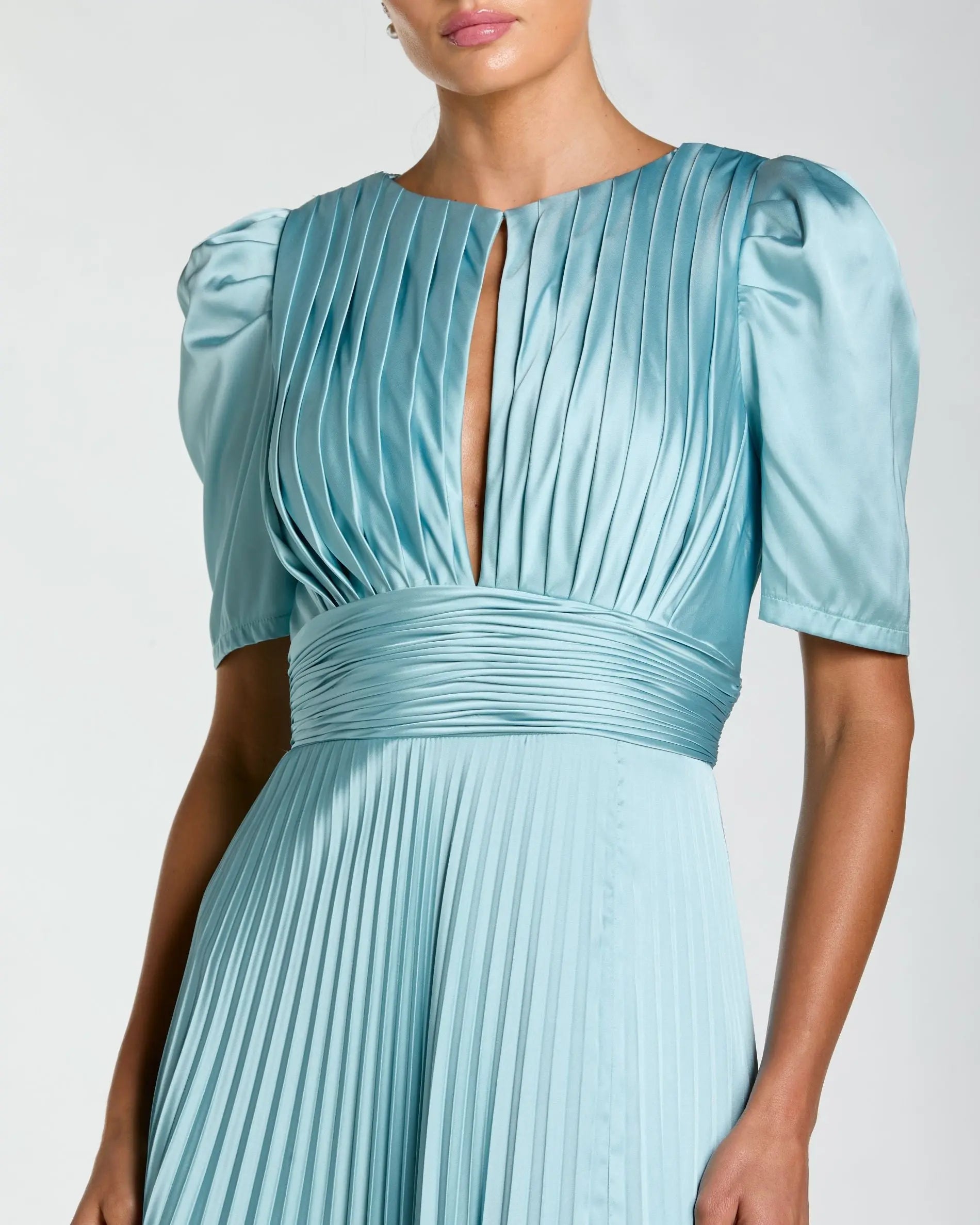 Blue Pleated Charmeuse Puff Sleeve Gown With Slit