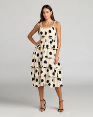 Beige Polka Dot Pearl Trim Ruffle Midi Dress