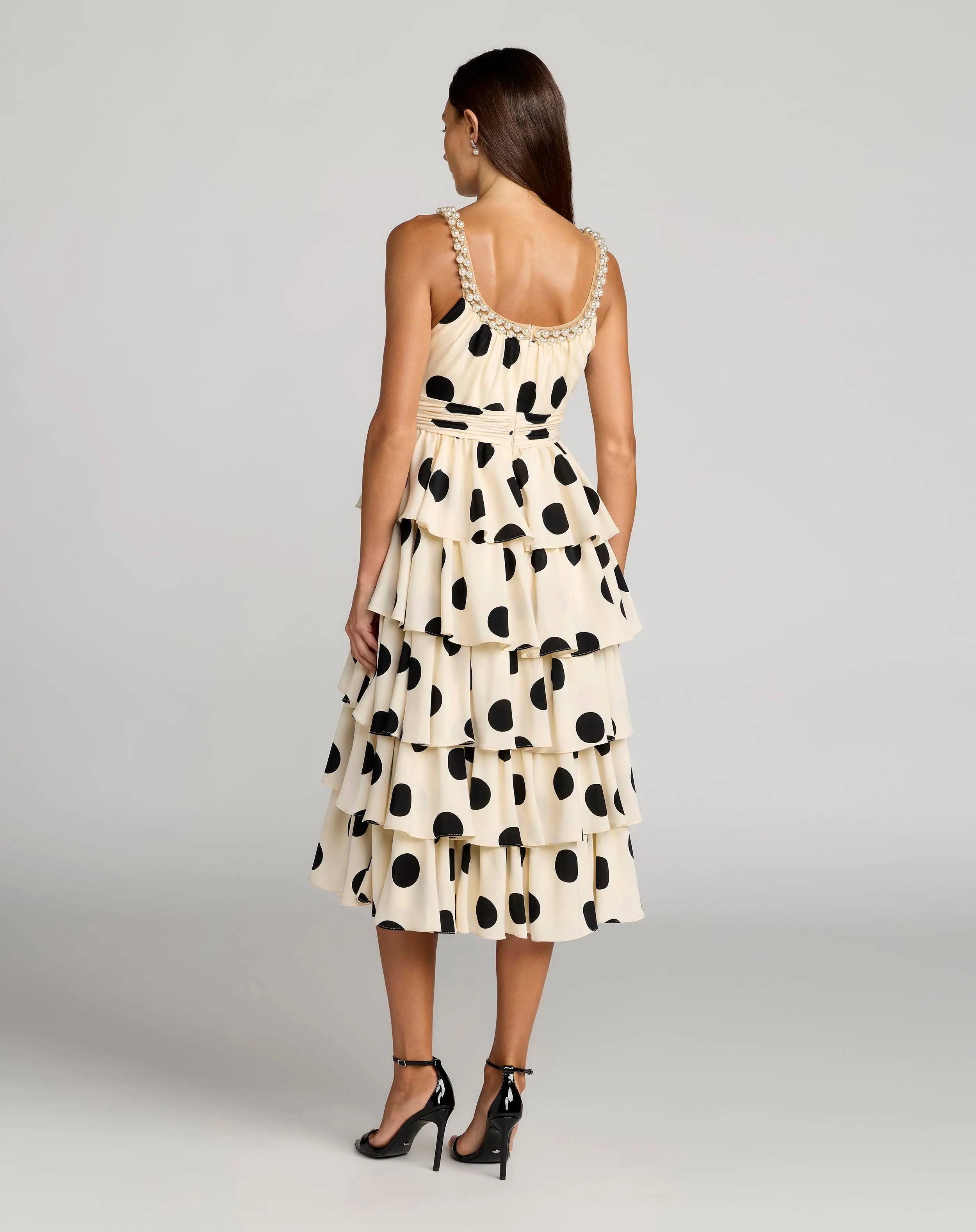 Beige Polka Dot Pearl Trim Ruffle Midi Dress