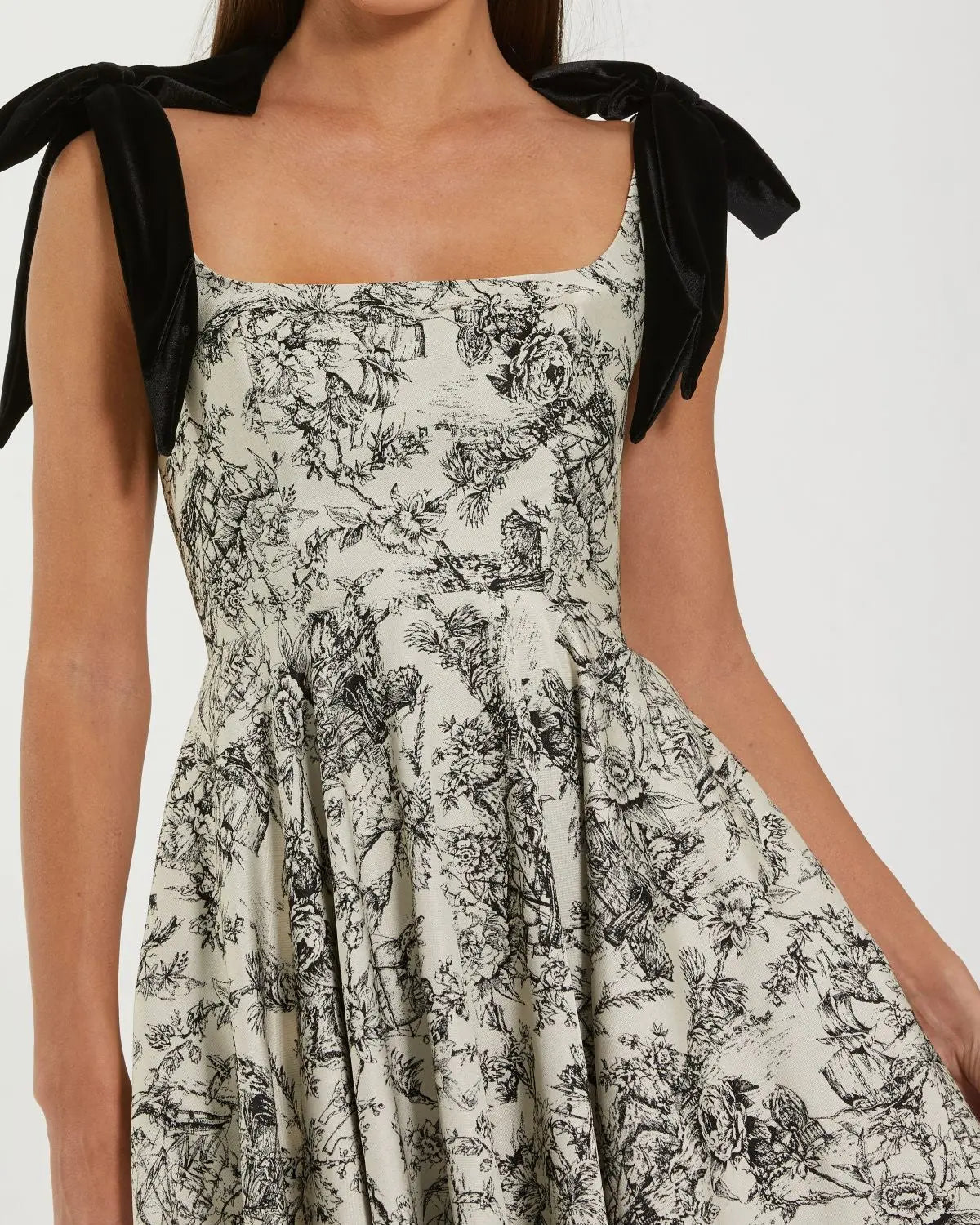 Black Ivory Brocade A Line Midi Dress With Bow Straps