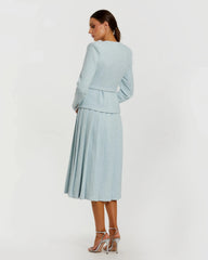 Blue Boucle Long Sleeve V Neck Midi Dress With Buttons
