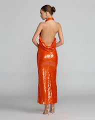 Orange Sequin Halter Neck Open Back Dress
