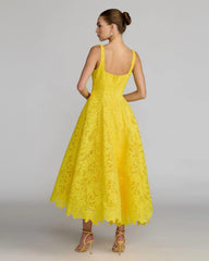 Yellow Lace Square Neck A-Line Midi Dress