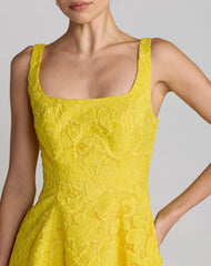 Yellow Lace Square Neck A-Line Midi Dress
