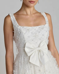 White Embellished Tulle Midi Dress with Satin Bow