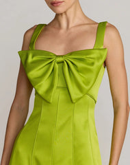 Green Sleeveless Satin Midi Dress With Bow Detail