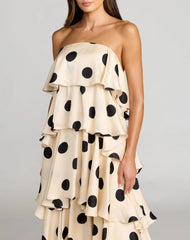 Beige Strapless Polka Dot Charmeuse Ruffle Gown