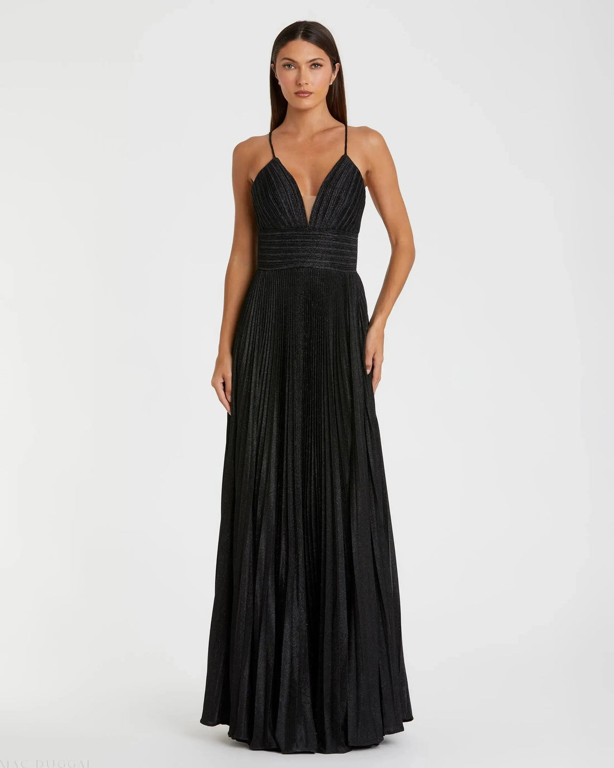 Black Shimmer Pleated V-Neck Gown - FINAL SALE