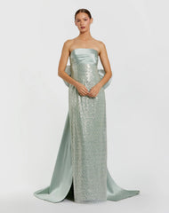 Green Strapless Embellished Gown With Back Bow Detail