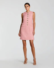 Pink Boucle Sleeveless Mini Dress with Gold Buttons