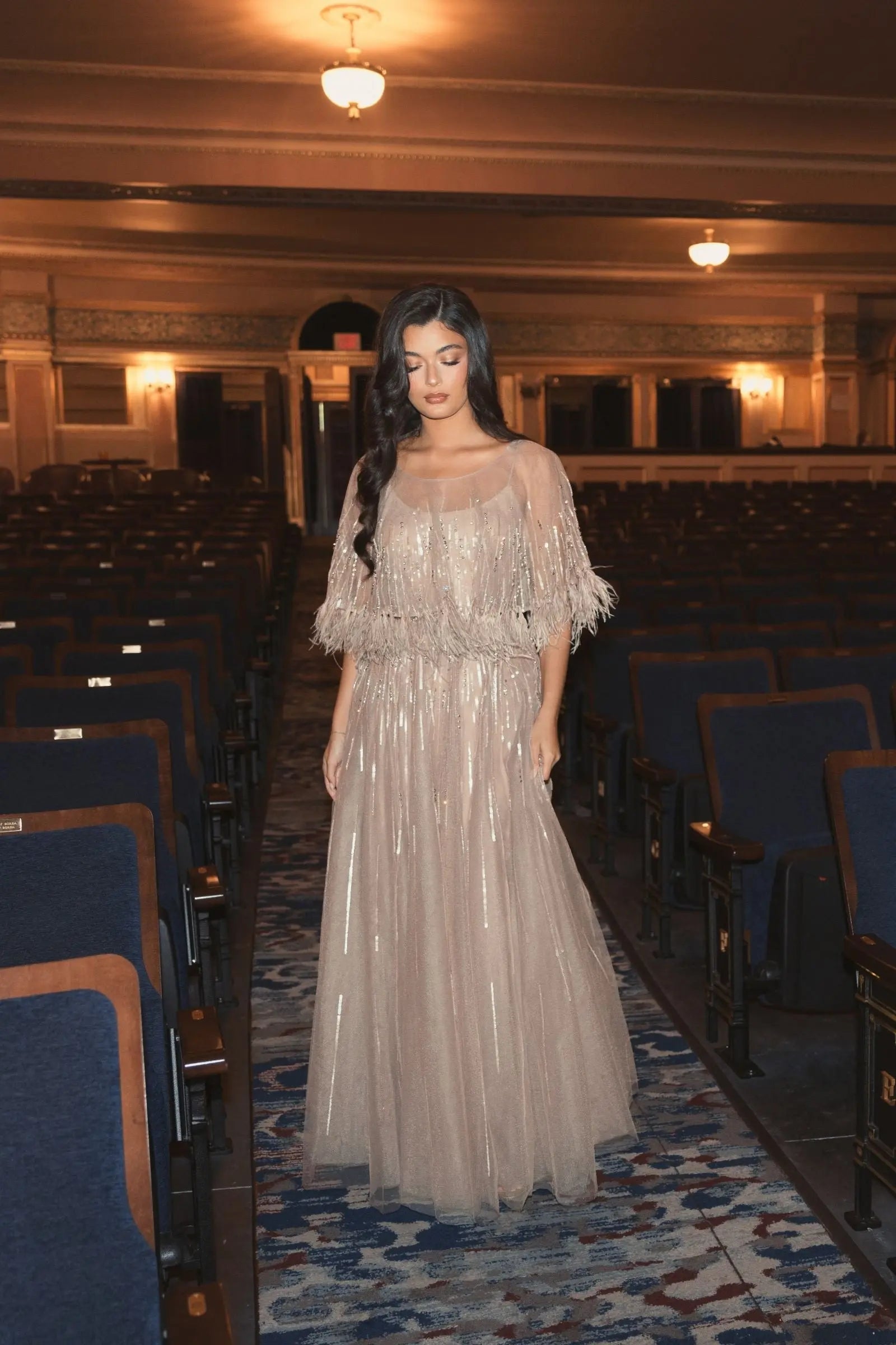 Beige Embellished A Line Gown with Feather Detail Cape