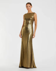 Gold Metallic Jersey Cowl Back Column Gown