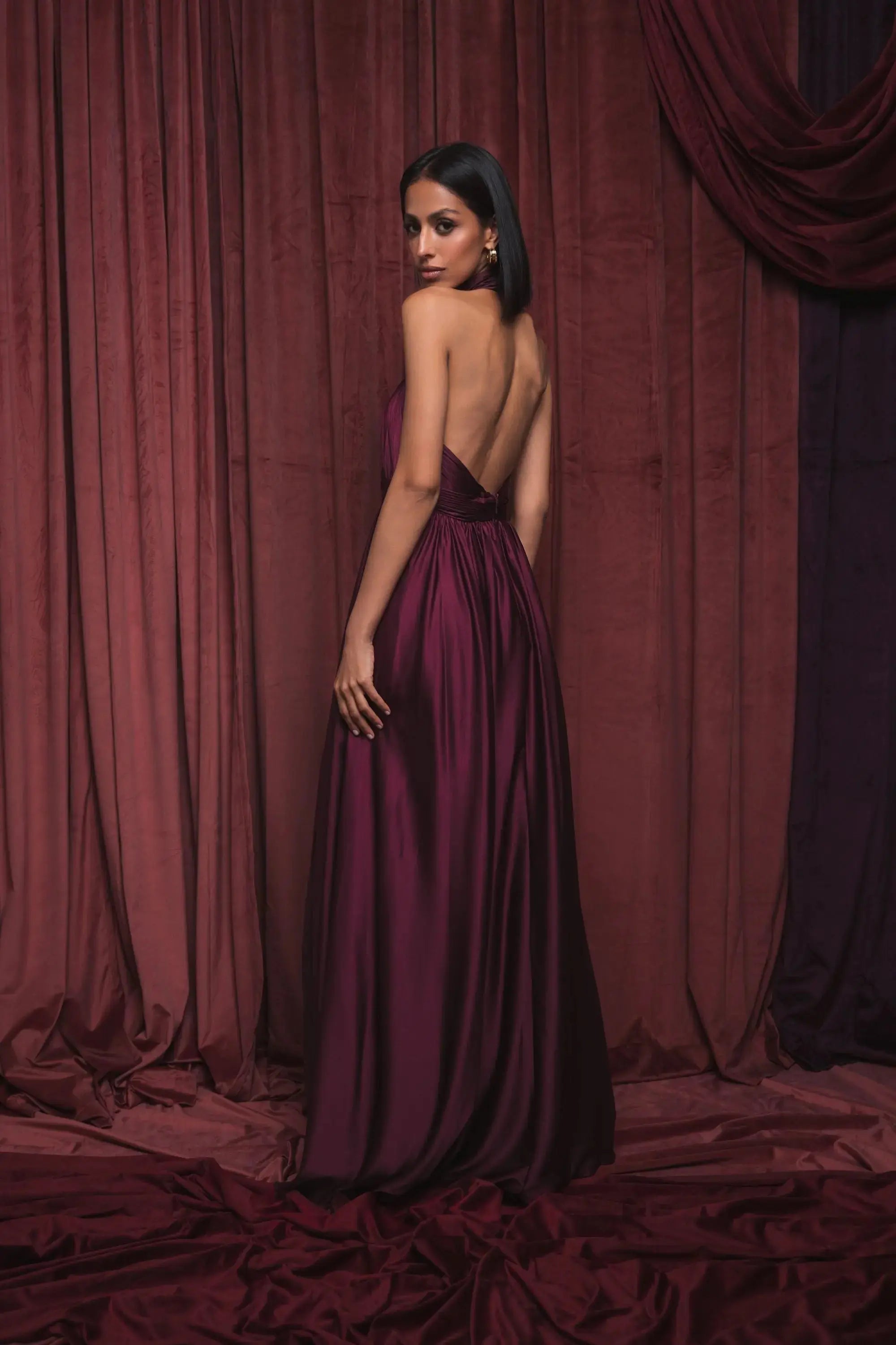 Purple Halter Neck Open Back Satin Gown With Slit
