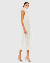 White Rosette One Shoulder Tea Length Dress