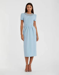 Blue Short Sleeve Rhinestone Neckline Midi Dress