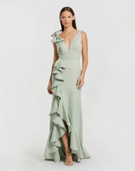 Green Sleeveless Ruffled V-Neck Gown With Bow