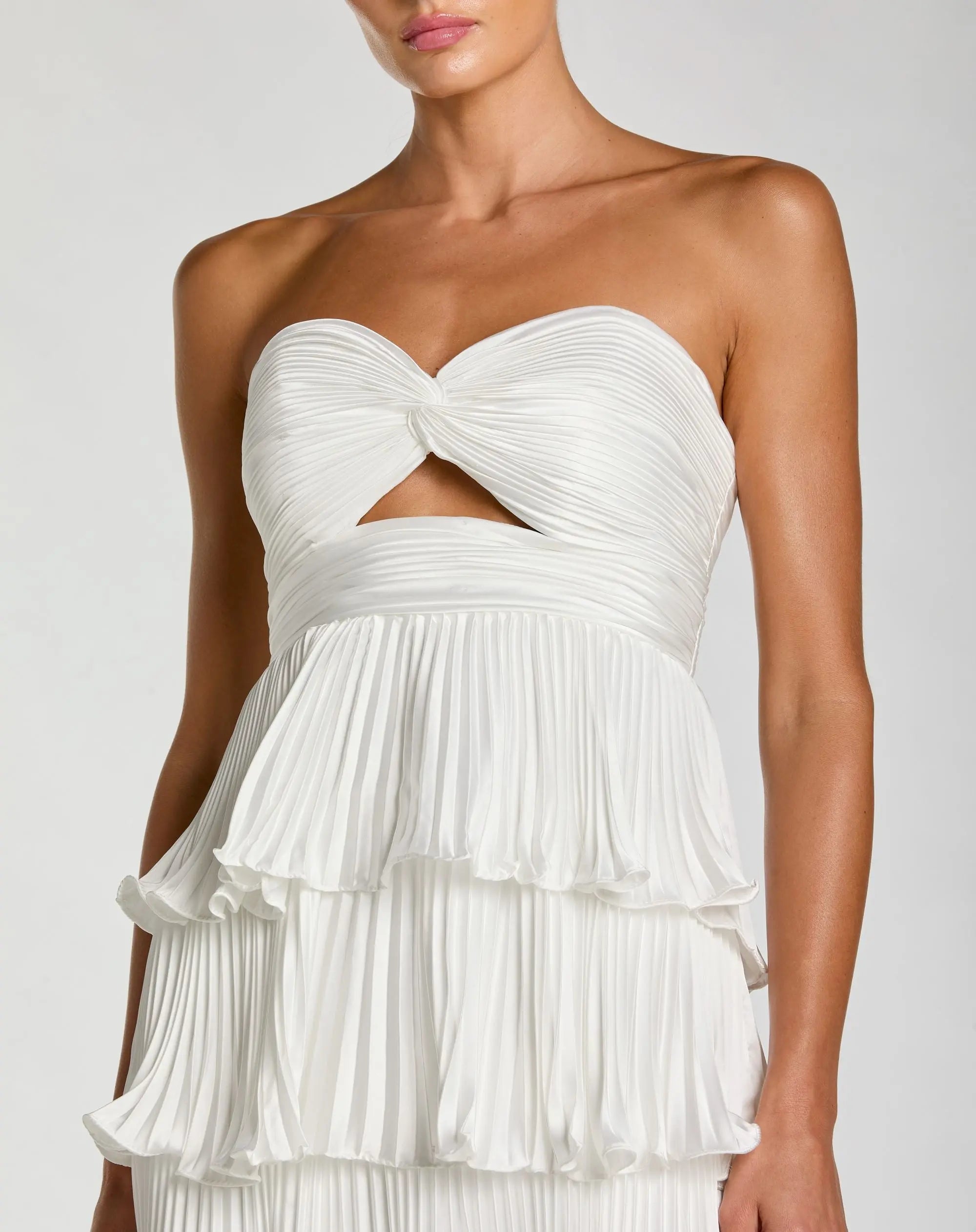White Pleated Charmeuse Strapless Tiered Ruffle Gown