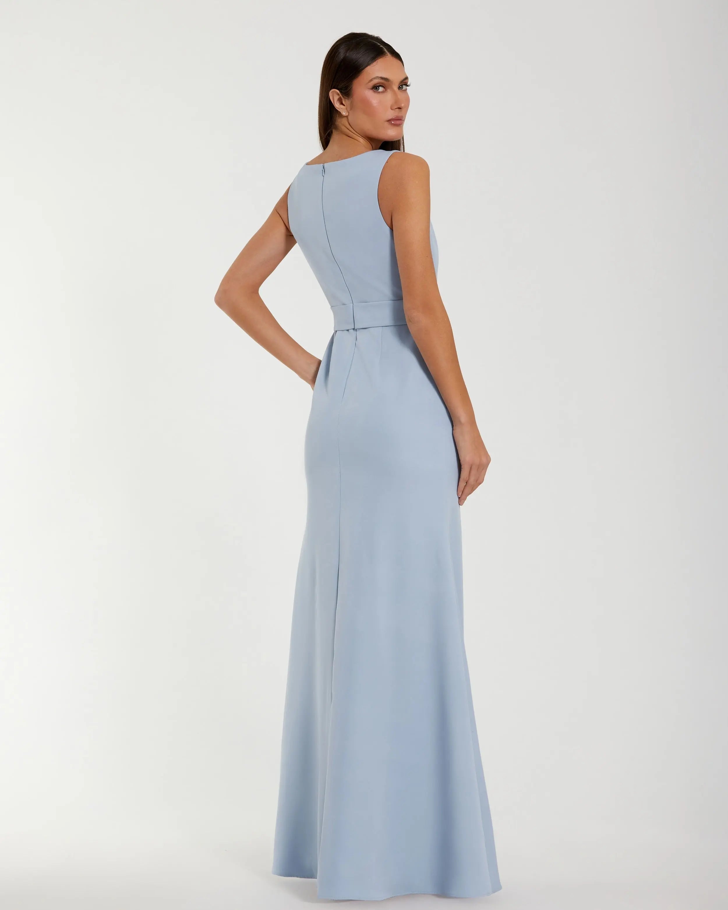 Blue Boat Neck Crepe A Line Gown With Flower