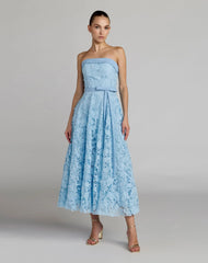 Blue Embroidered Lace Strapless Midi Dress With Bow Detail