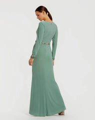 Green Jersey Long Sleeve V Neck Gown With Beaded Belt